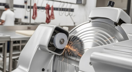 Stock showing meat slicer sharpening with sparks flying in a kitchen environment.