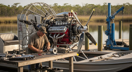 showing man in t-shirt and cap works on v8 engine of airboat at wooden dock with crane....の写真素材