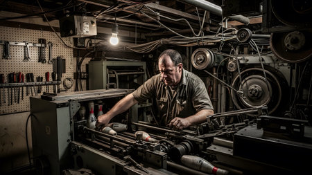 Pins showing man in workshop repairing bowling pins on a complex machinery with tools and wires...
