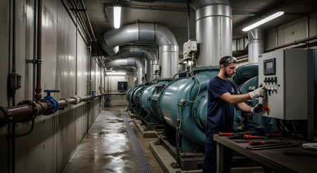 (2983) showing man in dark shirt adjusting controls on electrical panel in industrial pump room...