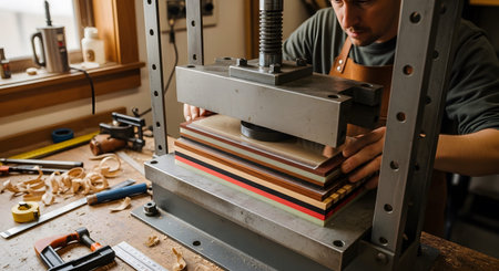 Stock showing man operating a metal press on stacked colorful wood and laminate sheets in a...の写真素材