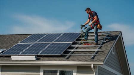 showing man installing solar panels on a residential rooftop with a blue sky background...