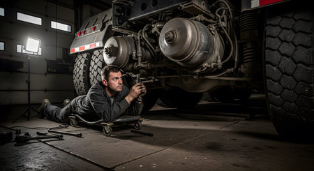 A mechanic lies on a creeper, examining the complex undercarriage of a large truck with tools.の写真素材