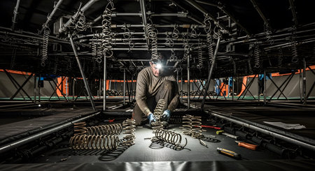 Stock showing man with headlamp assembling trampoline springs in dark indoor arena with...の写真素材