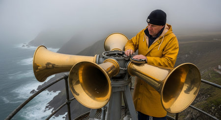 A man in a yellow raincoat cleans a large brass foghorn with a cloth on a metal railing...