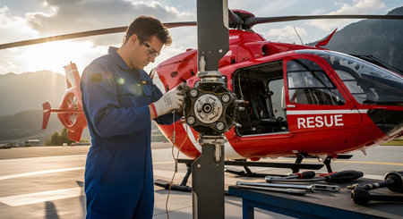 Stock showing man in blue jumpsuit working on red helicopter rotor blade with tools and...の写真素材