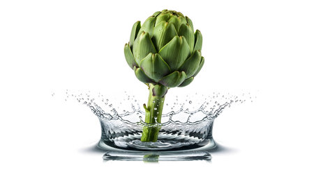 A green artichoke with its stem is shown splashing into clear water, creating a crown splash and...の写真素材