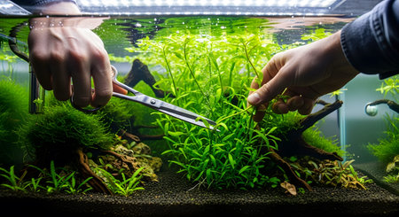 Close showing close up of hands trimming green aquatic plants in a planted aquarium with...