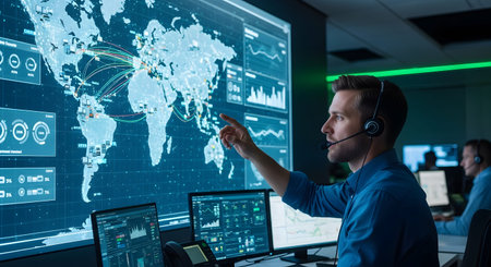 A man wearing a headset points at a luminous map with glowing lines connecting various points,...