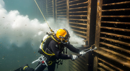 A diver wearing a yellow helmet and black wetsuit works with tools on a submerged metal...