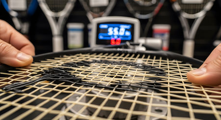 Digital showing close up of hands holding a tennis racket on a tension machine with digital...