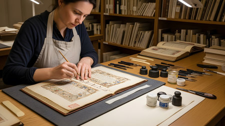 Illuminated showing archivist wearing an apron meticulously restores an old illuminated manuscript...
