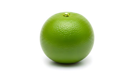 A bright green citrus fruit with a textured peel is centrally located on a pure white background.