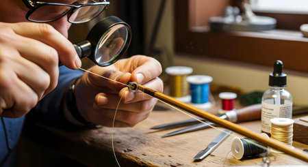 Glasses showing man wearing glasses inspecting fly fishing rod construction with magnifying...