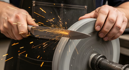 Wheel showing man sharpening a steel knife blade with sparks flying from a grinding wheel in a...