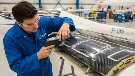 Craftsmanship showing mechanic polishing a section of a carbon fiber aircraft wing with a rotary...