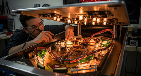 Stock showing man wearing safety glasses soldering wires on a pinball machine circuit board....