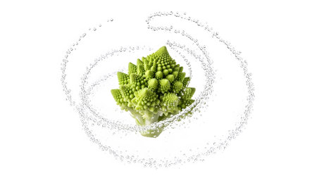 Broccoli showing green romanesco broccoli with swirling water bubbles forming a vortex on white....