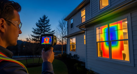 Dusk showing man with thermal imager inspecting house exterior windows at dusk for heat loss....の写真素材