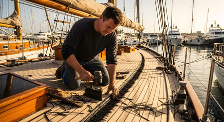 Equipment showing man working on wooden deck of sailboat with tools and nautical equipment in...の写真素材