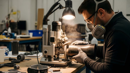 Carbon showing man with mask and glasses works on carbon fiber part with a grinding tool and...