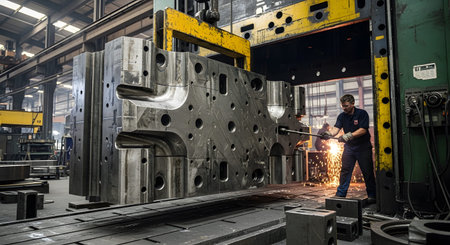 With showing man working with a large metal mold being lifted by a crane in a factory with...