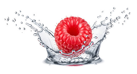 Water showing red raspberry creating a crown splash effect as it hits clear water on white...の写真素材