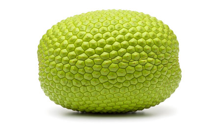 Round showing round green breadfruit with uniform hexagonal texture on white background.