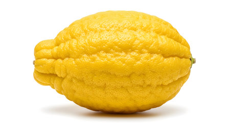 A bright yellow lemon with a distinct bumpy texture is shown from the side on a white background.の写真素材