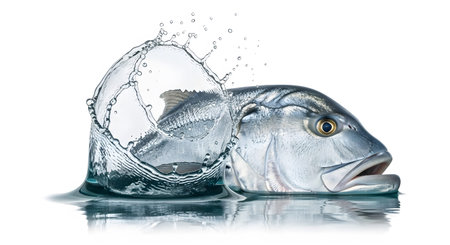 A silver fish head emerges from a clear water splash with many droplets and reflections on a...
