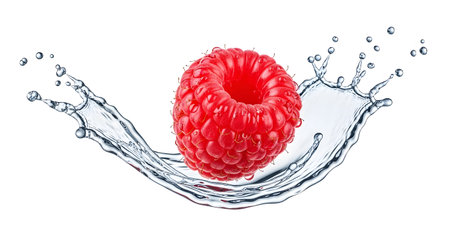 A bright red raspberry creates a sweeping splash as it moves through clear water, with droplets...