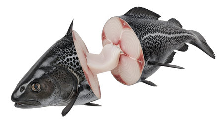Stock showing salmon fish head and body cut apart showing raw pink flesh and dark scales.