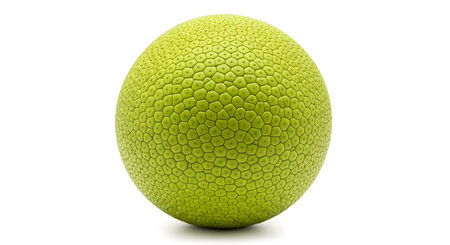 A whole, round, green breadfruit with a distinctive hexagonal textured skin is presented on a...