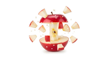 A red apple is cut in half, revealing its core, with flying pieces and liquid splashes against a...