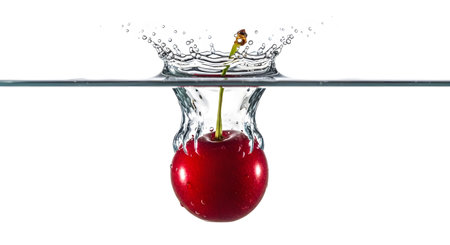 A single red cherry with visible water droplets splashes into clear water, creating a distinct...