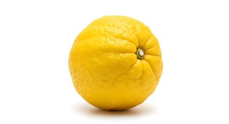 A single bright yellow lemon with a bumpy texture and a small green stem sits centered on a...