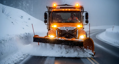 Lights showing orange snow plow truck clearing snowy road with plow pushing snow and flashing...