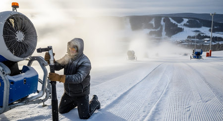 A person in a hooded jacket and goggles operates a snow cannon on a groomed ski slope with a...