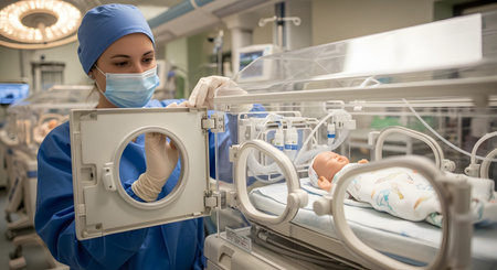 A medical in scrubs and mask opens an incubator door to check on a baby inside....