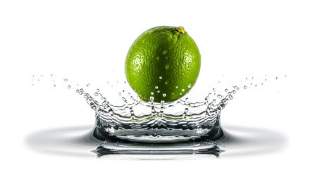 A bright green lime, speckled with water droplets, plunges into clear water, creating a splash.の写真素材