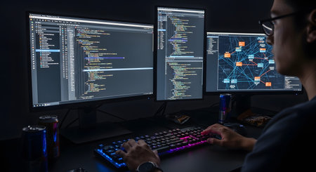 Programmer showing programmer working on multiple computer screens displaying code and network...