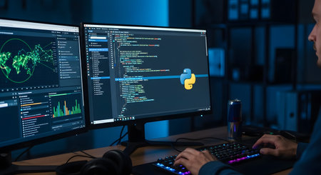Programmer showing programmer coding in python on dual monitors displaying data graphs and code...