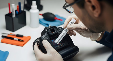 Person wearing gloves cleans a digital camera screen with a cotton swab and solution....