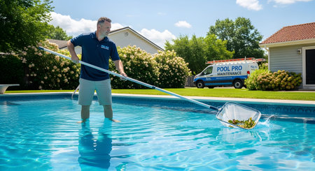 showing pool maintenance worker using a net to clean debris from a bright blue swimming...の写真素材
