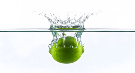 A bright green lime submerges into clear water, forming a striking splash and numerous water...
