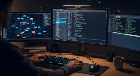 Network showing programmer working on a triple monitor setup with code and network diagrams in a...