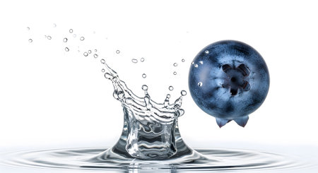 A single dark blue blueberry enters clear water, generating a lively splash and ripples.の写真素材
