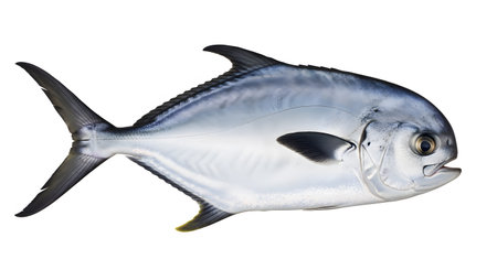 A sleek silver-blue pompano fish with dark fins and tail is presented on a white background.