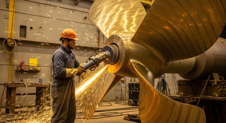 Brass showing shipyard worker grinds large brass propeller with sparks flying in industrial...