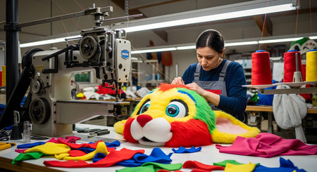 A seamstress meticulously stitches a vibrant, fluffy rabbit mascot head with red, green, and...